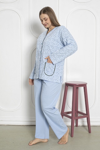 %100 Pamuklu Uzun Kollu Boydan Düğmeli Büyük Beden Kadın Pijama Takımı 206 Mavi