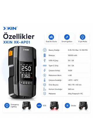 Xkın - 4in1 Akü Takviye Cihazı - 10.000 Mah Powerbank Özellikli - Çantalı Hava Kompresörü
