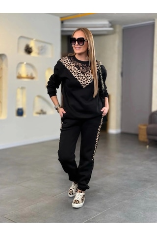 Defymoda Kadın Üç Iplik Kumaş Leopar Desenli Dantel Detaylı Ikili Takım Siyah