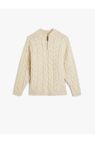 Koton Yarım Fermuarlı Saç Örgüsü Detaylı Uzun Kollu Kazak Ekru 5wkb90004ht Ekru