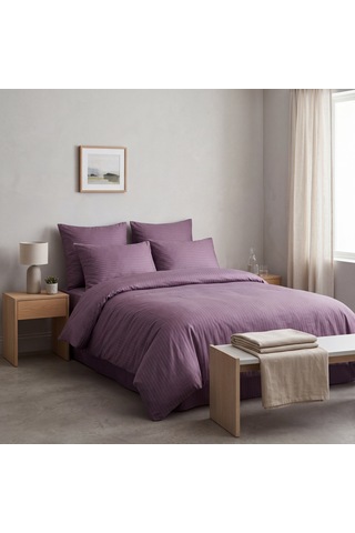 Goldroom Home Çizgili Pamuk Saten Çift Kişilik Nevresim Takımı Açık Mürdüm