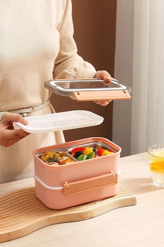 Vagonlife Bento Lunch Box Ofis-Okul Için Yeni Nesil Sefer Tası Çift Kat 4 Bölme Paslanmaz Çelik F494 001