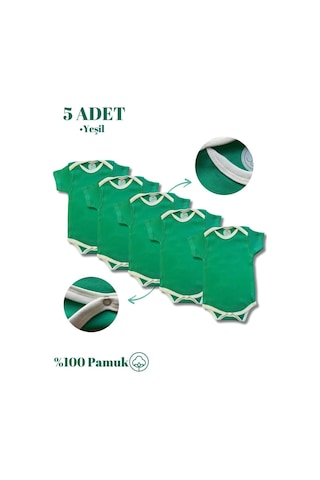 Betül Bebek Kısa Kollu 5'li Organik Pamuk Çıtçıtlı Bebek Body&zıbın 5 Adet Yeşil