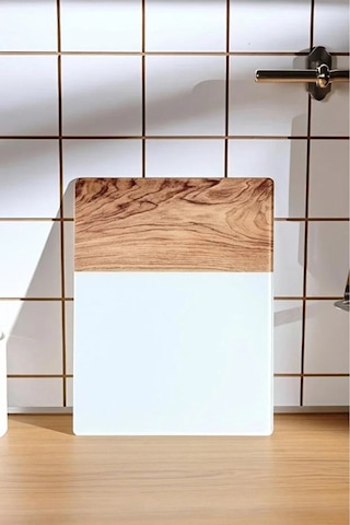 Temperli Cam Kesme Tahtası Beyaz- Ahşap Kesme Tahtası Sunum Tahtası Cam Doğrama Tahtası 25x35 Cm Beyaz - Kahverengi