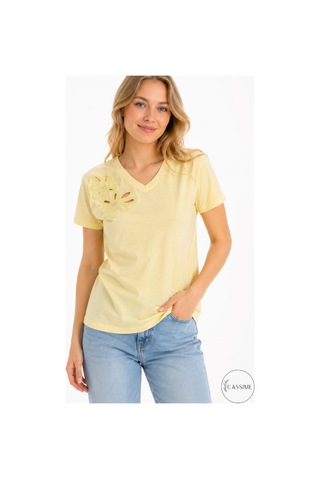 Cassime Kadın Sarı %100 Pamuk Regular/normal Kalıp Çiçek Nakışlı Örme T-shirt