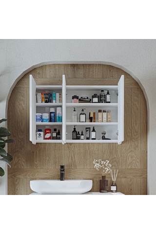 Banyo Dolabı Kulpsuz 3 Kapaklı Mdf 90 Cm Aynalı Banyo Üst Dolabı Mat Beyaz