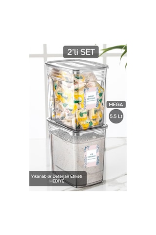 Meleni Home 2'li Mega Etiketli Deterjan Saklama Kutusu Lena Pratik Kapaklı Tablet Deterjan Saklama Kabı 2x5,5 Lt