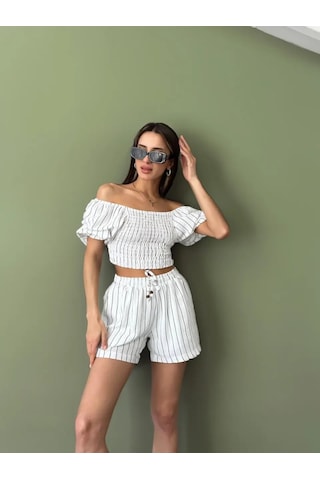 Adisia Kadın Beyaz Ikili Keten Crop Şort Astarlı Alt Üst Takım Beyaz