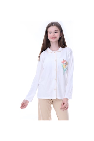Zuzunga Ekru-bej Çiçek Baskılı Biyeli Düğmeli %100 Pamuk Kız Çocuk Pijama Takımı Ekru - Bej