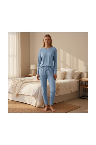 Feg Store %100 Pamuk Bebek Mavisi Yumuşak Dokulu Uzun Kollu Kadın Pijama Takımı Mavi