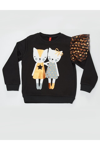 Kız Çocuk Yıldız Desenli Siyah Uzun Kollu Sweatshirt 4-10 Yaş