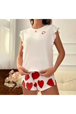 Kadın Pijama Takımı Fırfırlı Kısa Kollu Üst Ve Aşk Kalbi Baskılı Şort Seti Yazlık Günlük 2 Parça Gecelik Ev Giyim Seti Pembe