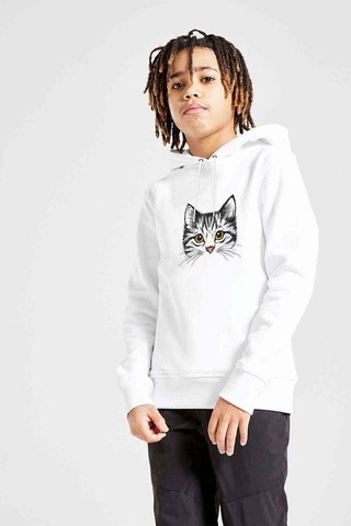 Yavru Sevimli Kedi Baskılı Unisex Çocuk Kapüşonlu Sweatshirt Beyaz