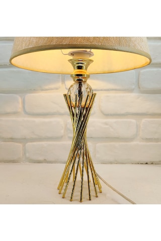 Gold Kaplama Burgu Metal Ayaklı Kristal Cam Toplu Beyaz Abajur Altın