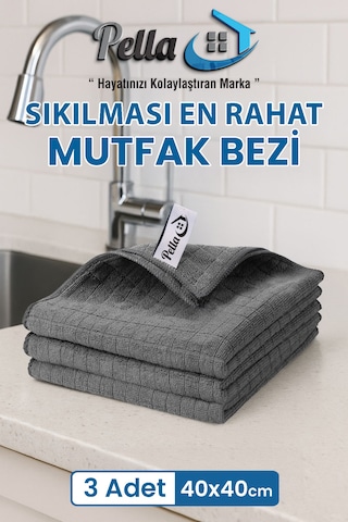 3'lü İthal Mutfak Bezi Mikrofiber , Gri 40 Cm X 40 Cm Gri