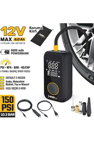 Taşınabilir Şarjlı Hava Kompresörü 6000mah Powerbank Dijital Ekranlı 150 Psı Yedek Uçlu
