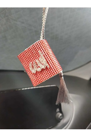 Kırmızı Kuran Kerim Gümüş Yazılı Gri Püskül