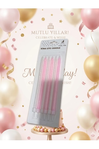 Rima Life Pembe Simli Doğum Günü Pasta Mumu, Parafin, 6'lı Paket, Kokusuz, Silindirik, Parti Dekorasyonu İçin +0