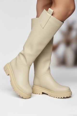 Fox Shoes V973222209 Bej Kalın Tabanlı Kadın Binici Çizmesi Bej