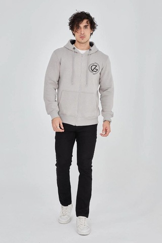 Barlashive Erkek 3 İplik Pamuklu Fermuarlı Kapüşonlu Kanguru Cepli Baskılı Hoodie Hırka Sweatshirt - Boyalı Gri Çok Renkli