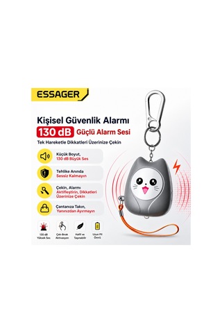 Essager 130 Db Kişisel Güvenlik Alarmı Led Fenerli, Çekmeli Acil Durum Alarmı, 450mah Şarjlı Taşınabilir Anahtarlık