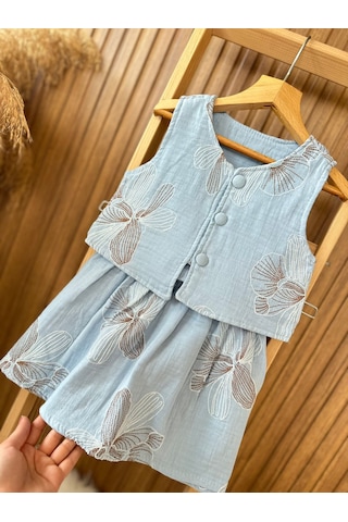 Kidscocuk Kız Çocuk İşleme Detaylı Yelek Etek Takımı Müslin Kumaş Beli Lastikli Yazlık Takım 3-10 Yaş Açik Mavi