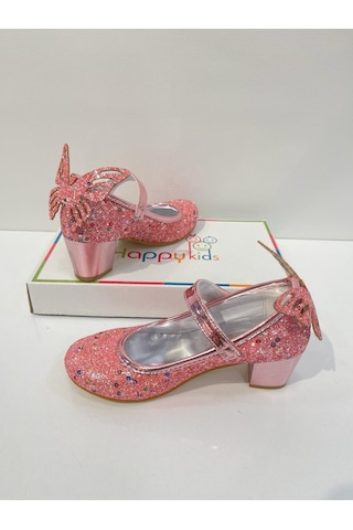 Butikhappykids Kız Çocuk Abiye Ayakkabı Pembe Kelebekli Pırıltılı Parti -doğum Günü Topuklu Kız Çocuk Ayakkabı Pembe