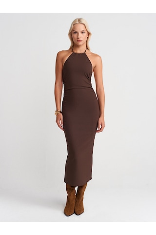 Dilvin 91518 Halter Yaka Midi Elbise-kahve Kahve