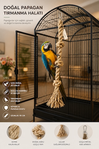 Büyük Irk Papağan Tırmanma Halatı 90 Cm Çap 30 Mm %100 Doğal Kafes Oyuncağı Stres İpi Jüt Halat Macaw Kakadu Jako Amazon Eklektus