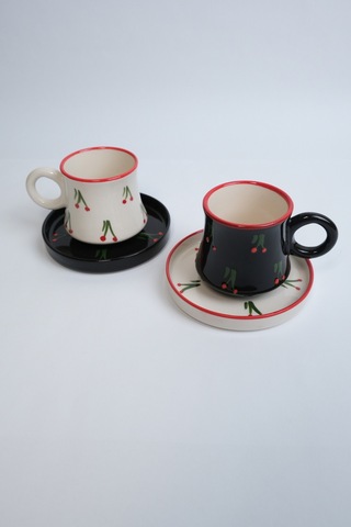 2 Li Takım Siyah Beyaz Kiraz Desenli El Yapımı Kazan Seramik Kahve Fincanı, Kahve Fincanı Beyaz