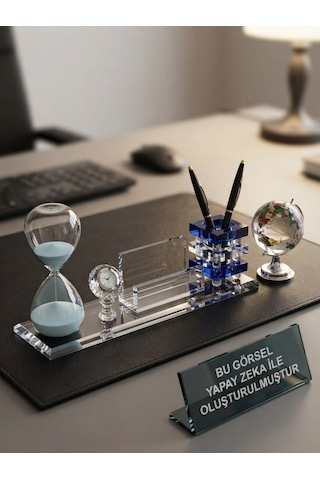 3 Lü Ofis Seti Mavi Kristal Kartvizitlik Büyük Boy Renkli Dünya Küresi Ve Mavi Kum Saati Hediye Seti Çok Renkli