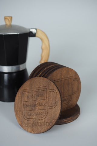 Kahve Temalı 6 Lı Ahşap Bardak Altlığı Seti Espresso/latte/cappuccino/mocha/americano/macchiato Koyu Çeviz