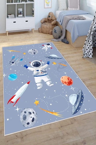 Dijital Baskılı Dekoratif Kaymaz Taban Yıkanabilir Uzay Temalı Modern Çocuk Halısı Gri