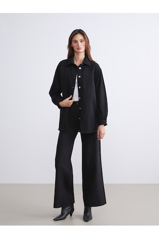 Lcwaıkıkı Classic Siyah Gömlek Yaka Oversize Kadın Jean Ceket