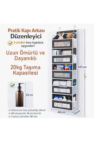 Valkyrie Kapı Arkası Organizer 5 Cepli Askılı Dolap Düzenleyici Çok Amaçlı Kapı Arkası Raf 20kg Taşıma Siyah Siyah