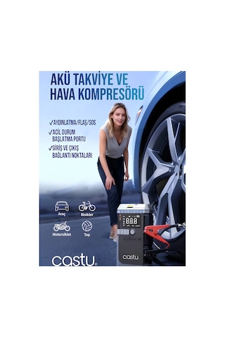 Castu Cs70 Plus 12000mah Akü Takviye Cihazı 4ü 1 Arada Jump Starter Kompresör Powerbank 150 Psı