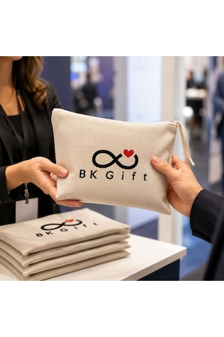 Bk Gift Logonuza Özel 10 Adet Kırık Beyaz Fermuarlı Keten El Cüzdanı 20 X 25 Cm Baskılı Set Bej