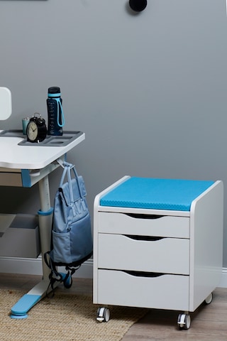Creo Mobili Çekmeceli Tekerlekli Sirius Keson, Oturulabilir Ofis Ve Ev Komodini, Ekru/mavi