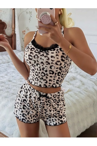 Motto10 Butik Kadın Leopar Detaylı Şortlu Pijama Takım 5187 Kahverengi