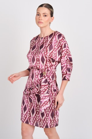 Explosion Kadın Desenli Belde Toka Detaylı Mini Elbise 7874 Bordo Bordo