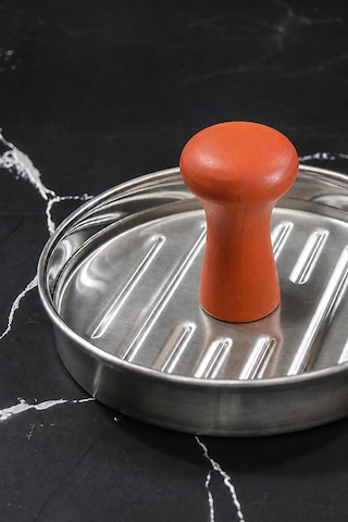 Hamburger Köfte Presi - Hamburger Press - Köfte Şekillendirici - Ahşap Saplı - Profesyonel Paslanmaz Çelik Krom