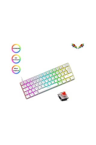 Trol Red Switch Mini Oyun Klavyesi Gaming Mekanik 62 Tuşlu 18 Led Usb Tip-c Kablosu Beyaz