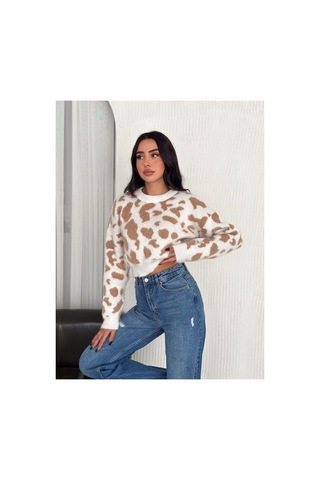 Wellway Leopar Desen Triko Crop Model Bisiklet Yaka Kazak Bej Bej