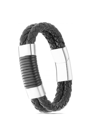 Brezza Lusso Jewelry Çift Örgülü Deri Çelik Erkek Bileklik