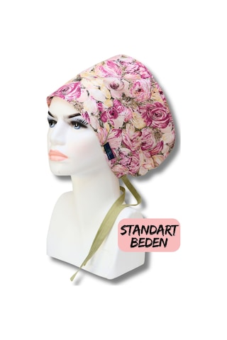 Standart Beden Yağlı Boya Çiçekler Fuşya Cerrahi Bone Doktor Hemşire Sağlıkçı Hastane Bonesi Renkli