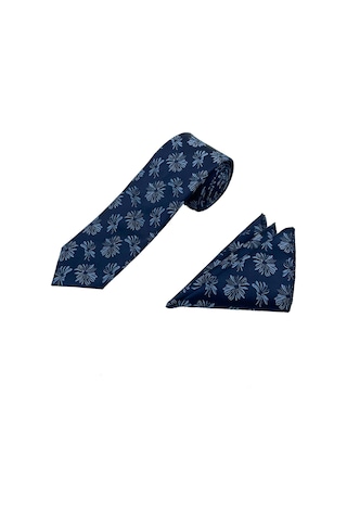 Brianze Lacivert Mavi Motif Desen Kravat Mendil Set Lacivert