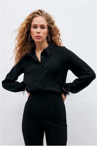 Sateen Manşeti Tüy Detaylı Bayan Gömlek 3075-2023 001