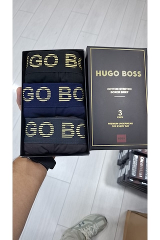 Hugo Boss 3'lü Erkek Boxer Set %100 Organik Pamuk Gri Lacivert Siyah