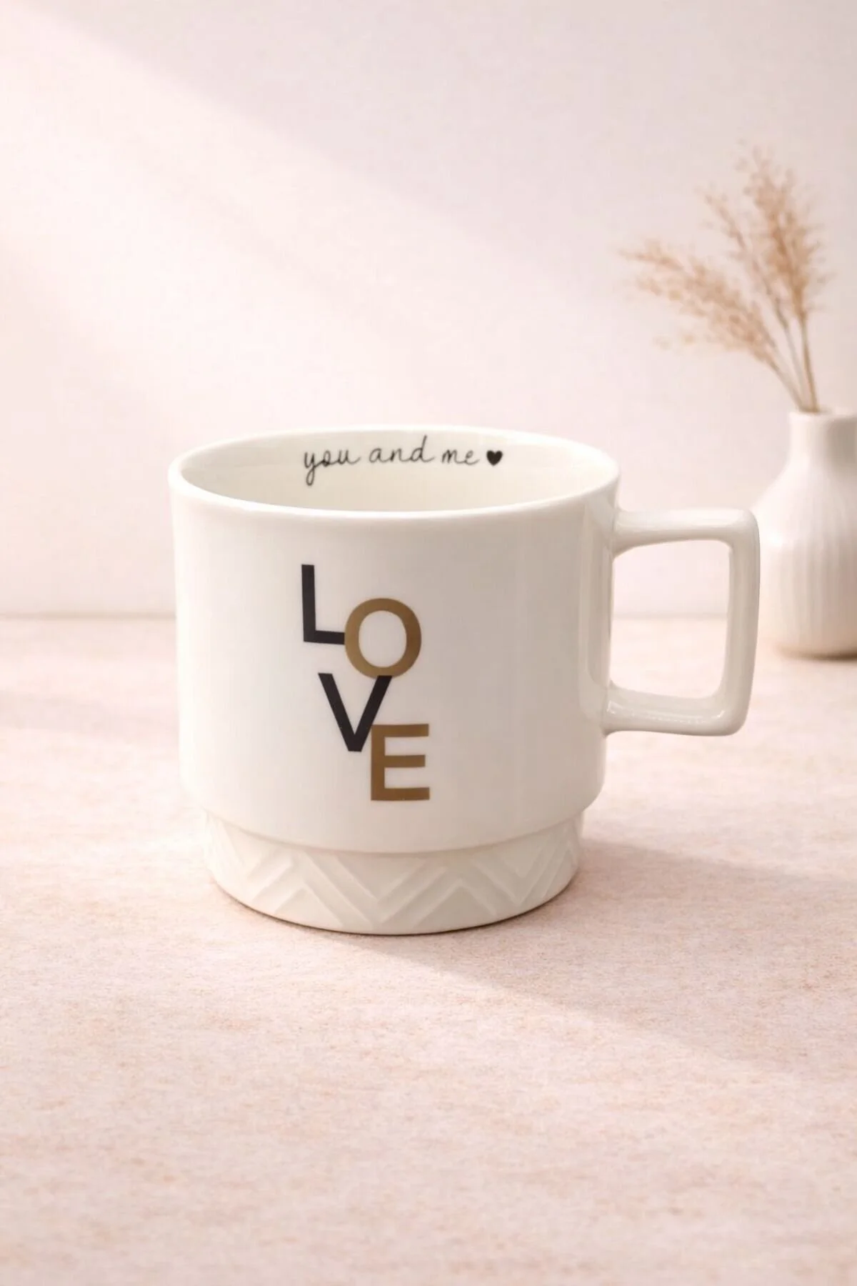 Acar Porselen Lüks Love Desenli Kahve Meşrubat Çay Bardağı Bardak Kupa 325ml Beyaz