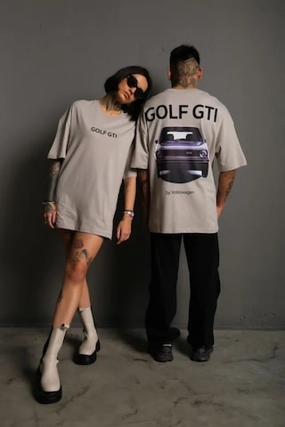 Vexor Erkek Oversize Baskılı Tişört Golf Gtı Retro Araba Desenli, Ön - Arka Dijital Baskı, Sokak M Gri